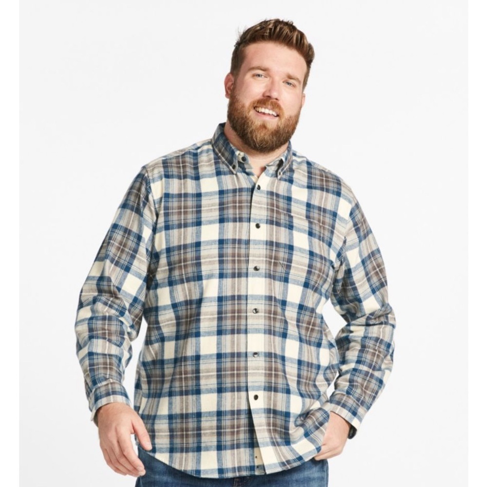 NEW L.L. Bean Men's Flannel Long Sleeve Plaid Shirt in Blue and Cream
